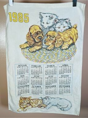 Vintage 1985 Calendar Kitchen Towel with Kittens & Puppies